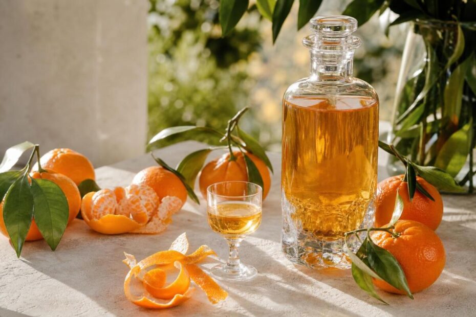 Mandarinin liker v steklenici ob svežih mandarinah in oranžni lupini